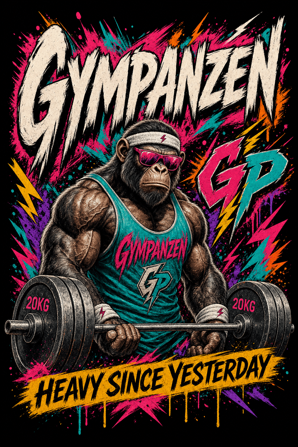 GYMPANZEN Mascot — muskulöser Schimpanse beim Hanteltraining mit Stirnband und pink verspiegelter Brille