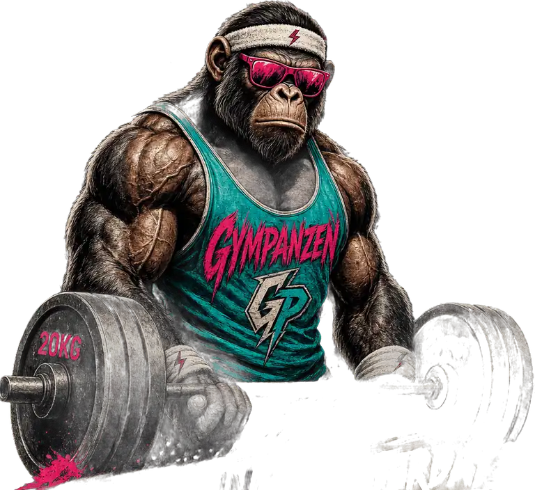GYMPANZEN Mascot — muskulöser Schimpanse mit Stirnband und pink verspiegelter Brille beim Hanteltraining