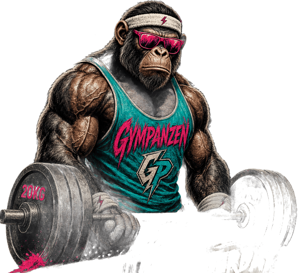 GYMPANZEN Mascot — muskulöser Schimpanse mit Stirnband und pink verspiegelter Brille beim Hanteltraining